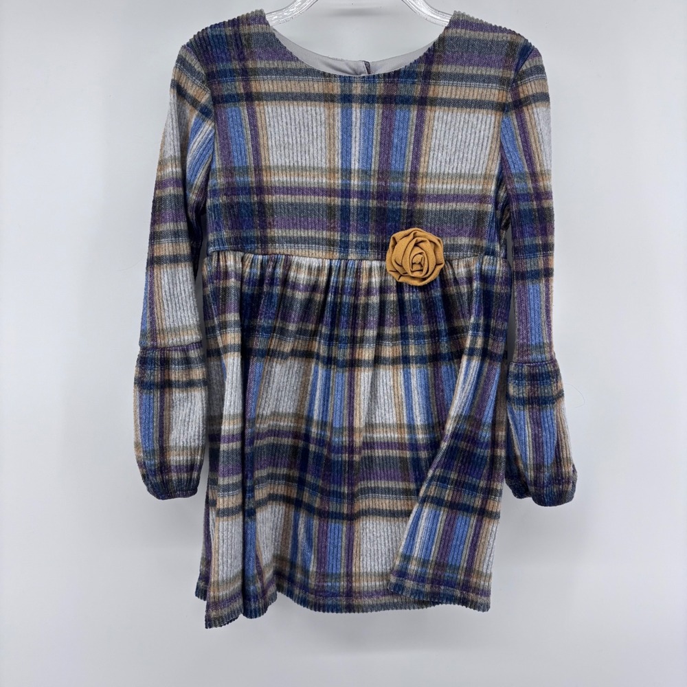 Bonnie Jean Kids Plaid Dress‎ Flower Accent Long Sleeve Girls Size 6X